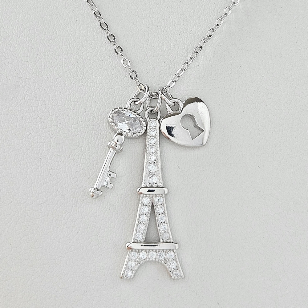 Paris Eiffel Tower Love Lock and Key Necklace, 925 Sterling Silver